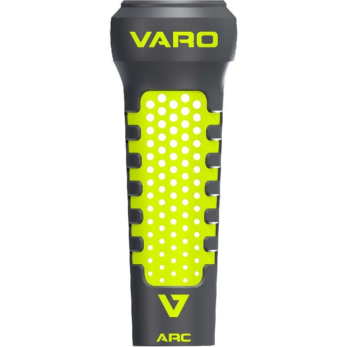 The Varo ARC 12 oz Bat Weight (ARCBG/ARCLGSB) features a gray and neon yellow grip with "VARO" and "ARC" branding, a dotted texture, and a central rectangular yellow section to help improve batting performance.