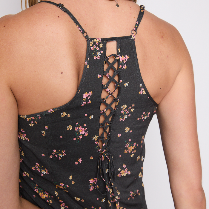Vestido Reef Women Soft Black Flowers Buttons