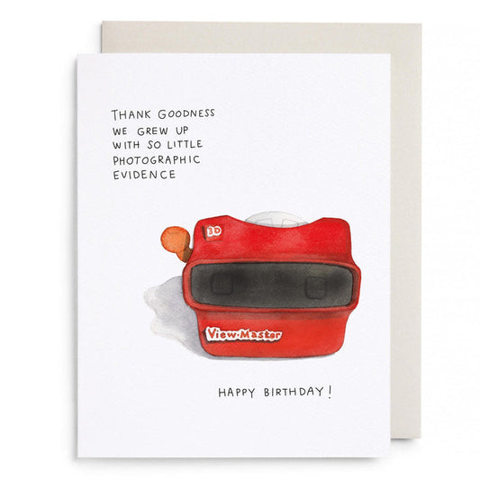Red viewfinder illustration birthday card with 'Happy Birthday!' and gratitude message