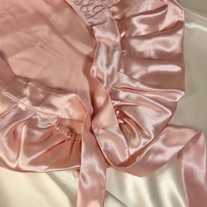 pink mulberry silk bonnet with strings - 22 momme