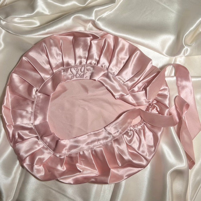 pink mulberry silk bonnet with strings - 22 momme