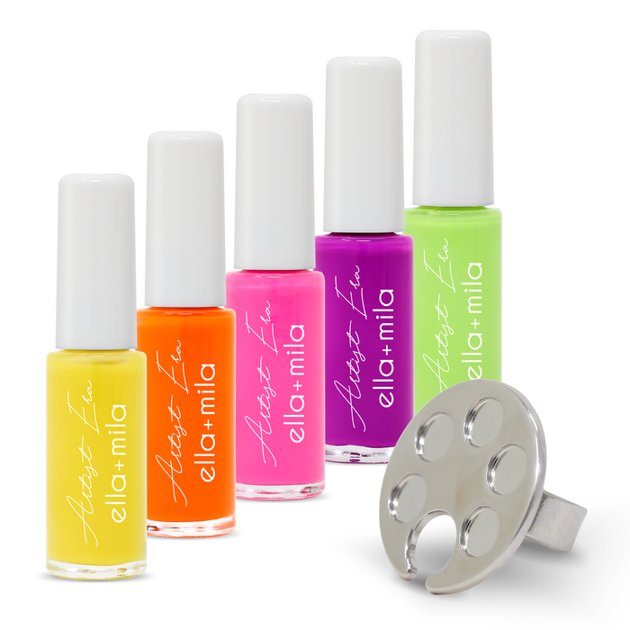 Vivid Era nail art liner set: yellow, orange, pink, purple and lime neon liners with a palette ring – ella+mila Artist Era