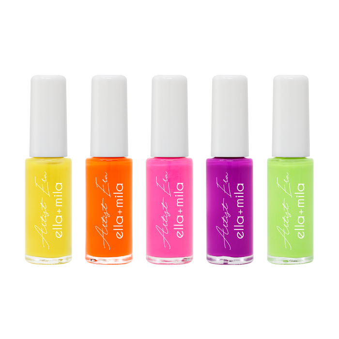 Vivid Era 5 neon nail art liner bottles: yellow, orange, pink, purple and lime