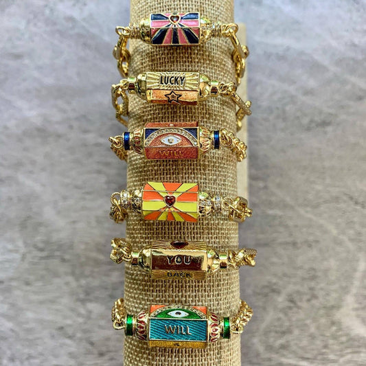 Chasing Cherubs Warhol bracelet featuring colorful, pop art-inspired design with metal links and vibrant artistic details.