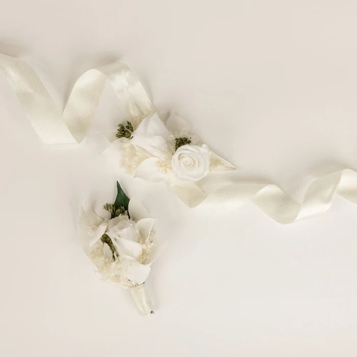 White Dried Boutonniere and Corsage Pack
