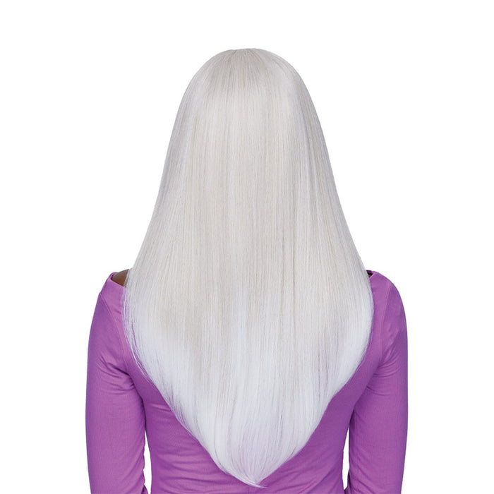 OUTRE 13x4 lace frontal wig swoop long straight platinum white mid back length shown from back