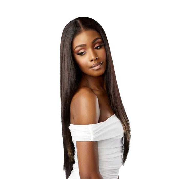 SENSATIONNEL extra transparent lace front wig long straight dark brown middle part on model