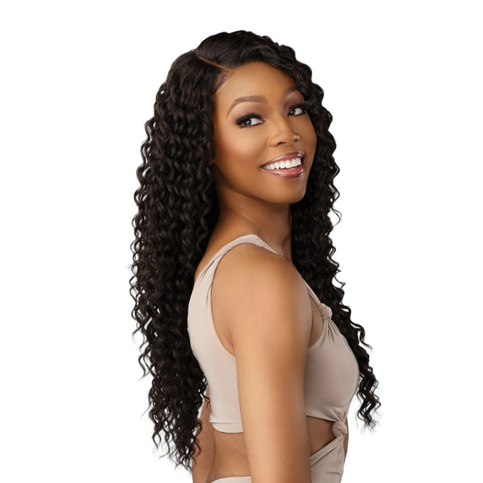 SENSATIONNEL long deep wave black wig on smiling model with natural hairline pre cut lace front wig