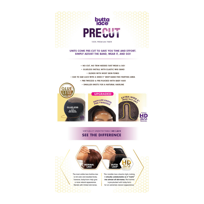 SENSATIONNEL Butta Lace pre cut lace front wig packaging showing glueless HD lace features