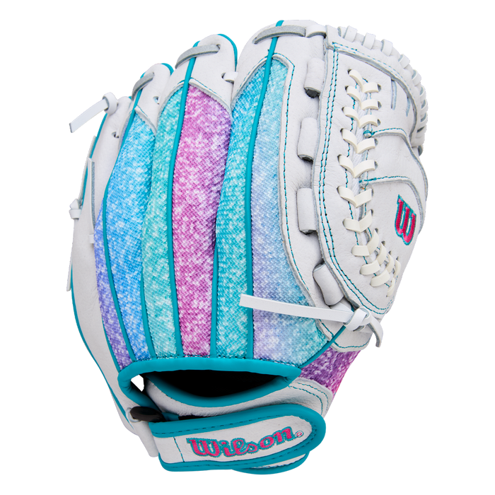 The Wilson Flash 11" Fastpitch Glove (WBW10398411) by Wilson features a white design with blue, teal, and purple gradient accents—perfect as an 11-inch softball glove for youth fastpitch players.