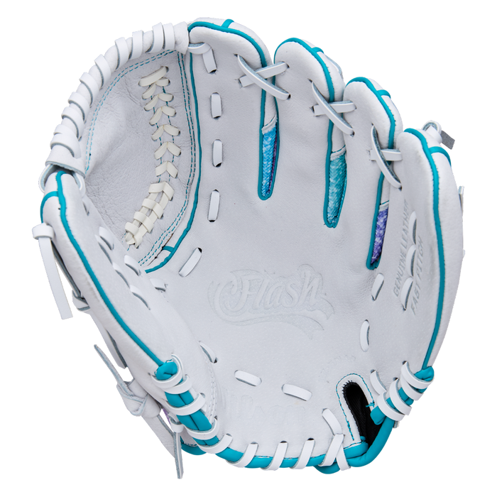 The Wilson Flash 11" Fastpitch Glove: WBW10398411 features white leather, teal accents, white lacing, and "Flash" embossed on the palm—ideal as a youth fastpitch softball glove. Brand: Wilson.
