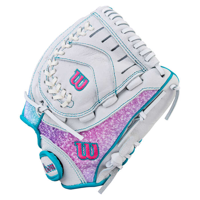 The Wilson Flash 11" Fastpitch Glove: WBW10398411 features a white base with teal and pink accents, purple textured details, teal stitching, and the Wilson logo—perfect as a youth fastpitch softball glove.