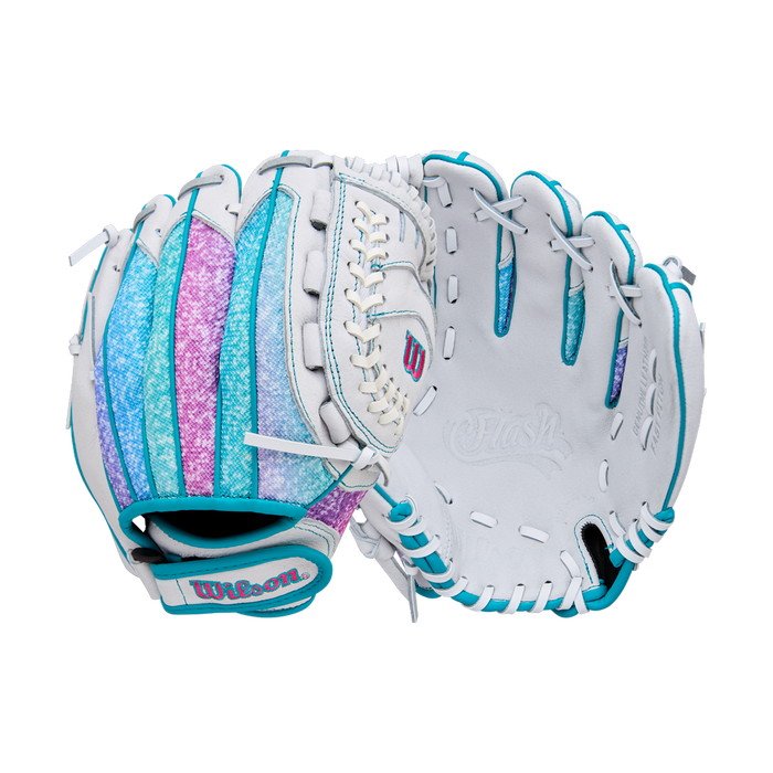 The Wilson Flash 11" Fastpitch Glove (WBW10398411) by Wilson is white with teal, pink, and purple glittery accents, teal stitching, and "Flash" embossed in the palm; shown open and closed on a white background.
