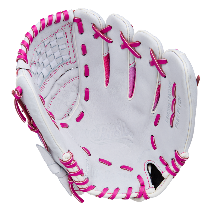 The Wilson Flash 11.5" Fastpitch Glove (WBW103985115) by Wilson is shown on a plain white background, featuring a woven pocket, open back, and white color with pink laces and accents.