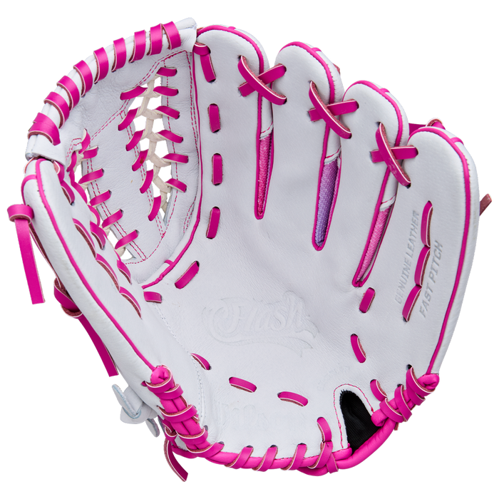 The Wilson Flash 12" Fastpitch Glove (WBW10398712) by Wilson is shown open, highlighting its white design with pink laces and accents against a plain white background.