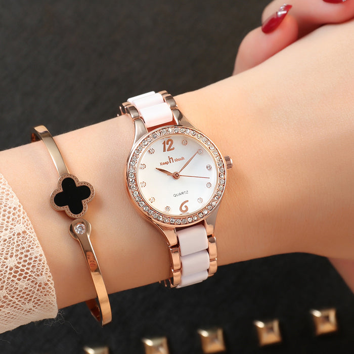 Women's Luxury Quartz Diamond Wrist Watch — Ceramic & Alloy Band with Gift Box