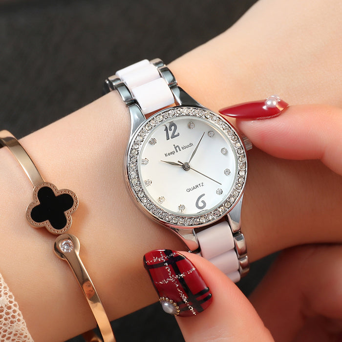 Women's Luxury Quartz Diamond Wrist Watch — Ceramic & Alloy Band with Gift Box