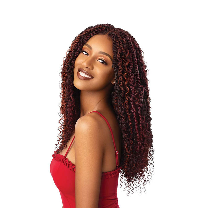 OUTRE boho passion waterwave lace front wig in burgundy on smiling model wearing red dress with long curls