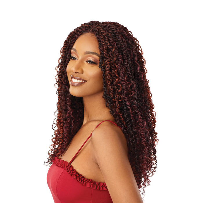 OUTRE boho passion waterwave lace front wig long burgundy waterwave curls on model in red dress
