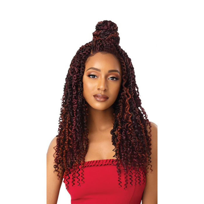 Model wearing OUTRE boho passion waterwave lace front wig in burgundy ombre with half up top knot curls