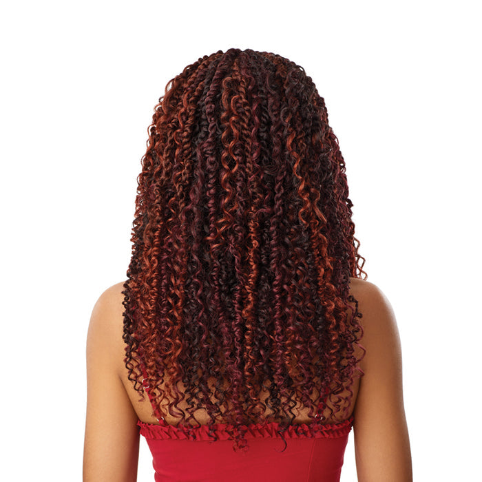 OUTRE boho passion waterwave lace front wig back view on model reddish brown tight waterwave curls mid back length