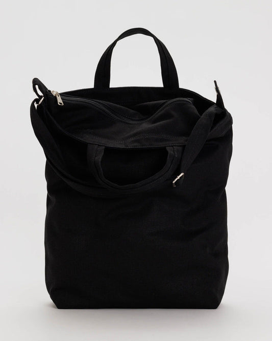 Black zip-top duck bag with dual handles and front zipper pocket