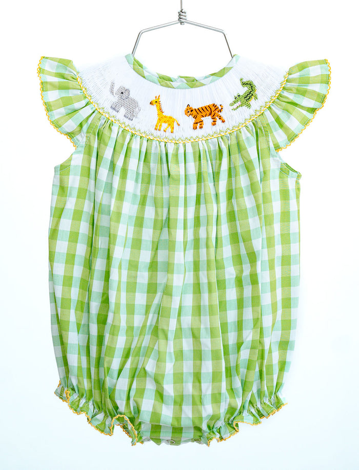 Newborn & Toddler Girls Green Buffalo Check Hand-Smocked Zoo Animals Bubble – Elephant, Giraffe, Tiger & Alligator – Sizes NB–3T